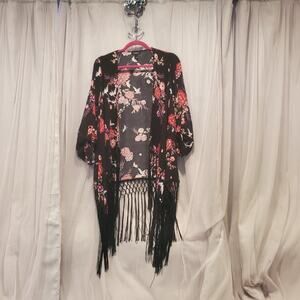 Torrid - Black Crane and Floral Print Fringe Kimono Size 1 1X XL